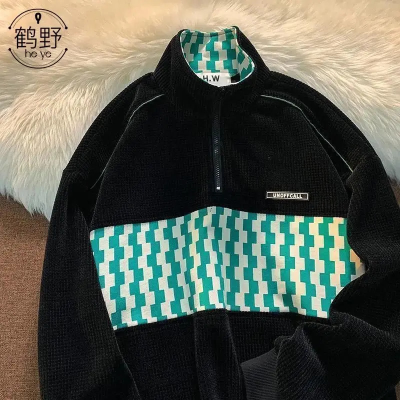 American Vintage Waffle Half Zip Polo Neck Sweater Men's and Women's Autumn Loose Fashion Versatile Checkerboard Top Clothing 231222Z