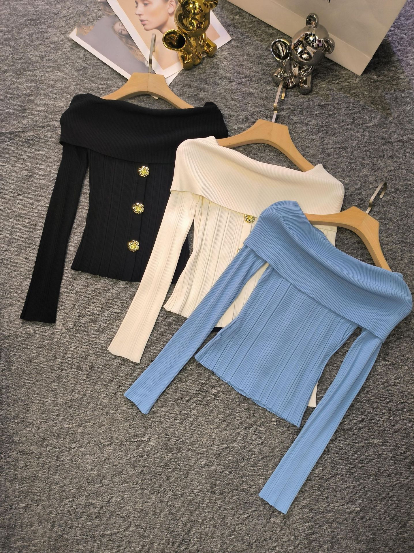 1225 L 2024 Runway Autumn Brand Same Style Sweater Long Sleeve Slash Neck Womens Clothes High Quality Wom