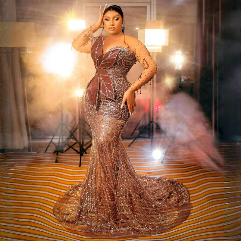 urious Plus Size Aso Ebi Prom for Special Ocns Brown Mermaid Illusion Long Sleeves Evening Formal Dresses Birthday Party Engagement Gown ST707