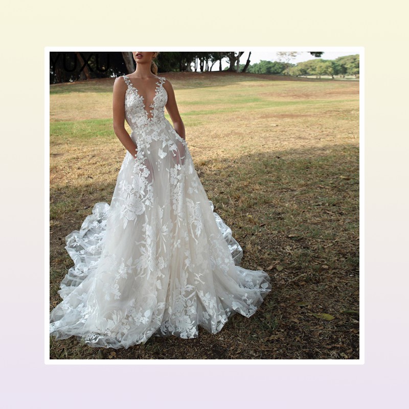 Backless Boho Wedding Dress 3D Appliqued Summer Beach Bridal Gowns Off The Shoulder Tulle Loves Lace Outdoor Lady Marriage Dr