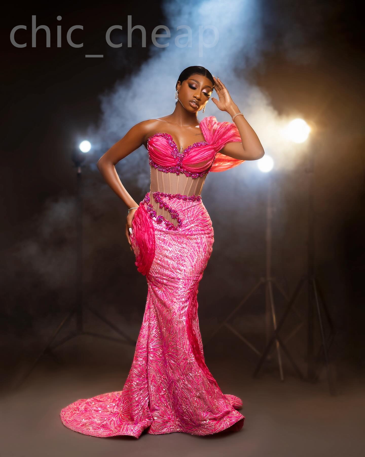 Aso Ebi Hot Pink Mermaid Prom Dress Beaded Crystals Sexy Evening Formal Party Second Reception Birthday Engagement Gowns Dresses Robe De Soiree ZJ Lz0