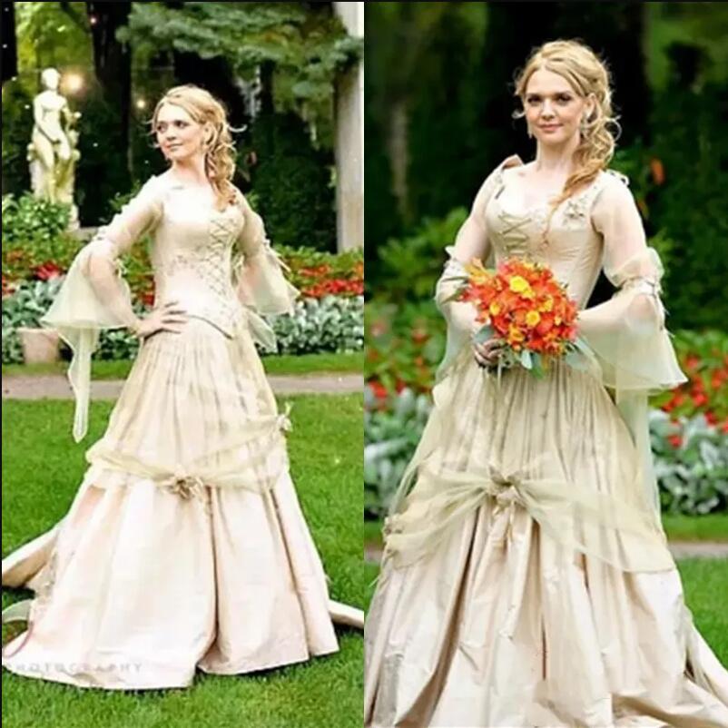 Fairytale Celtic Renaissance Wedding Dress Long Sleeves Champagne Corset Vintage Medieval Bridal Gowns veictorian gothic 2024