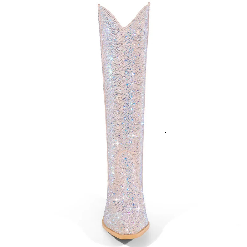 Embroidered Rivet Knee Boots 43 Rhinestone Pointy Women Boots Leather Car Stitching Chelsea Boot Fashion Show Shiny Boots 231225