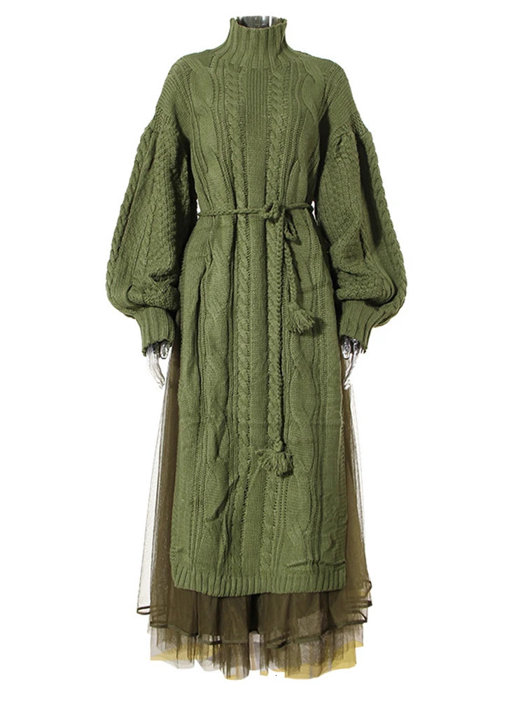EAM Women khaki Knitting Mesh Big Size Dress Turtleneck Long Sleeve Loose Fit Fashion Spring Autumn 2024 1DH35 231225