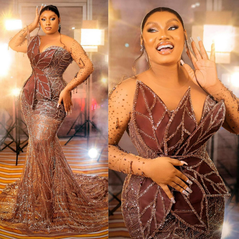 urious Plus Size Aso Ebi Prom for Special Ocns Brown Mermaid Illusion Long Sleeves Evening Formal Dresses Birthday Party Engagement Gown ST707