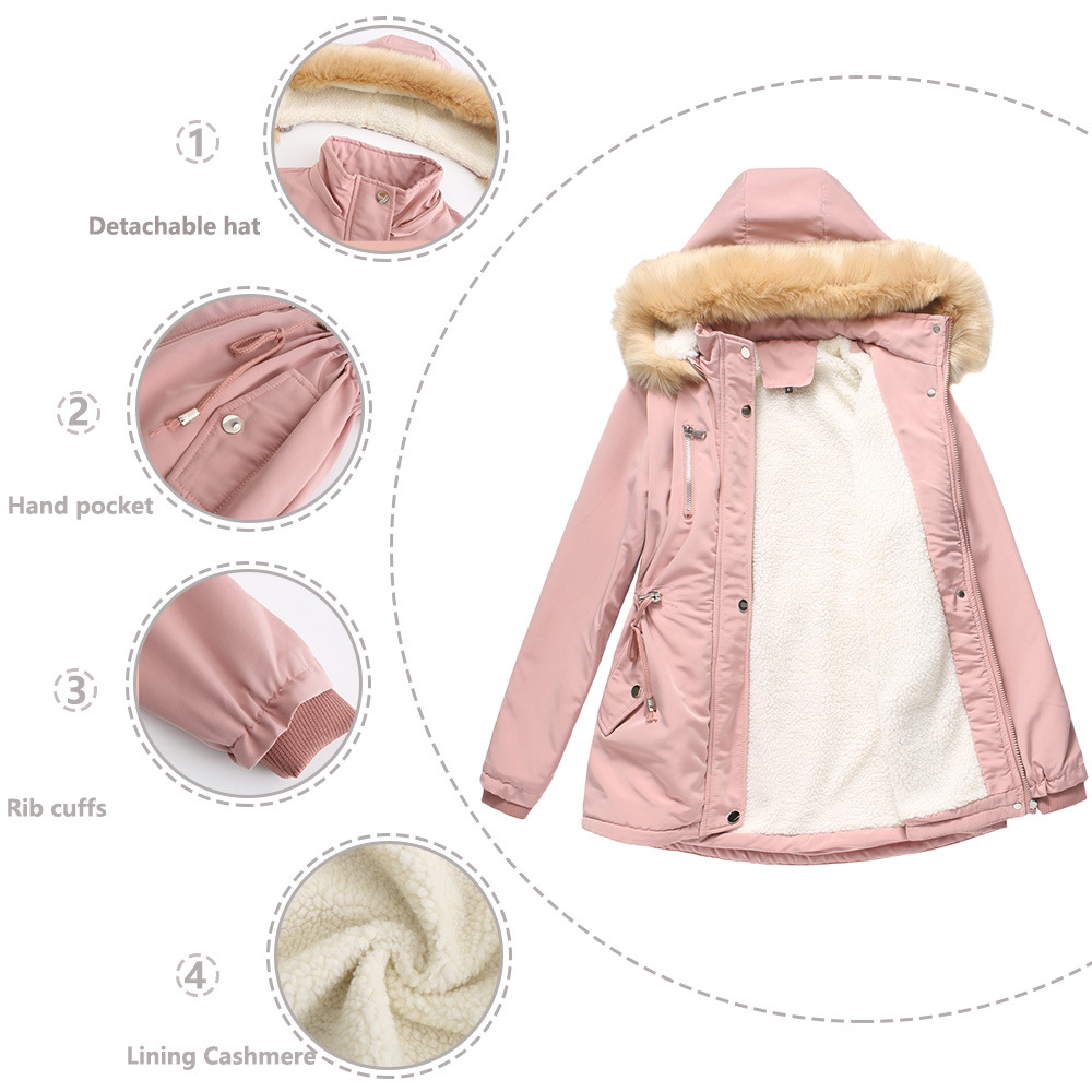 0C437M01 Autumn and Winter Women's Clothing Thickened Long Cotton Jacket Plush Loose Jacket Detachable Cap High Quality Customization