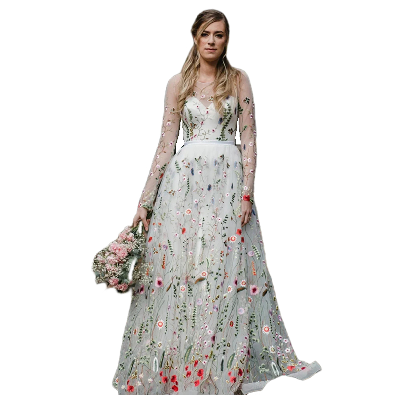 Embroidery Floral Lace A Line Wedding Dresses Long Sleeves Sexy Backless Country Bridal Gowns Sweep Train 2024 Summer Beach Vestido De Novia