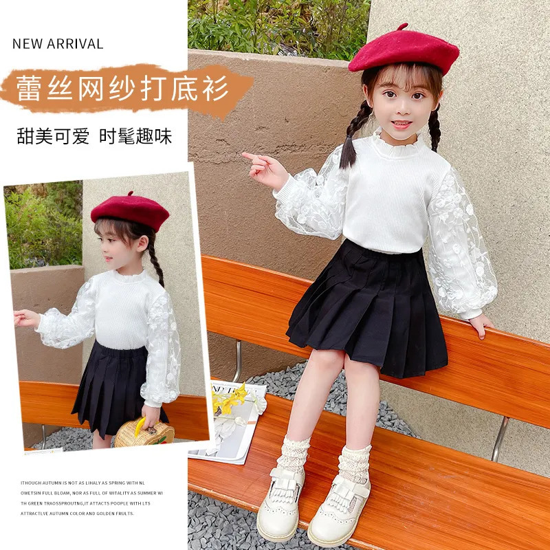Toddler Baby Girls Clothes White Knit Pullovers Lace Puff Sleeve Bottoming shirt Coat Sweater Spring Autumn Kids Children's Wear 231225