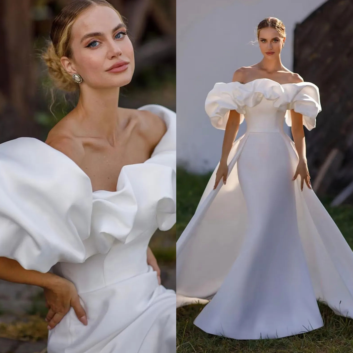 Puff Short Sleeves Mermaid Wedding Dress Off The Shoulder Long Satin Bridal Gown With Detachable Train Ruched Simple Ivory White Vestido De Novia