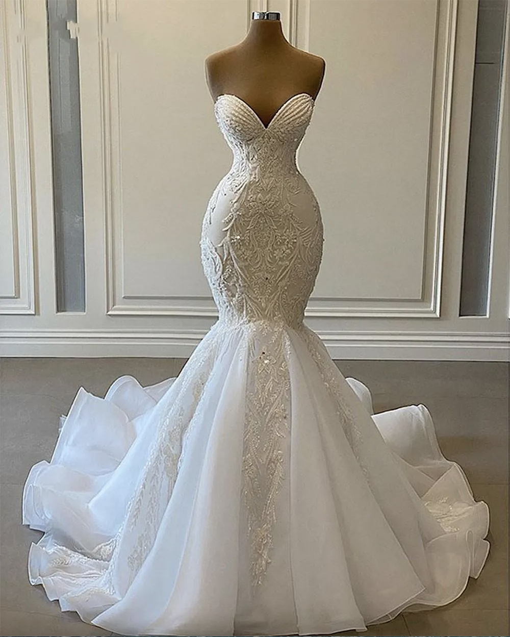 Sexy Sweetheart Mermaid African Dresses 2024 Beaded Embroidery Women White Organza Bridal Wedding Gowns Free shipping