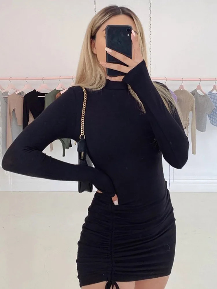 Long Sleeve Ruched Bodycon Dress Women Turtleneck Bandage Mini Dresses Autumn Black Skinny Stretchy Party Vestidos 231222