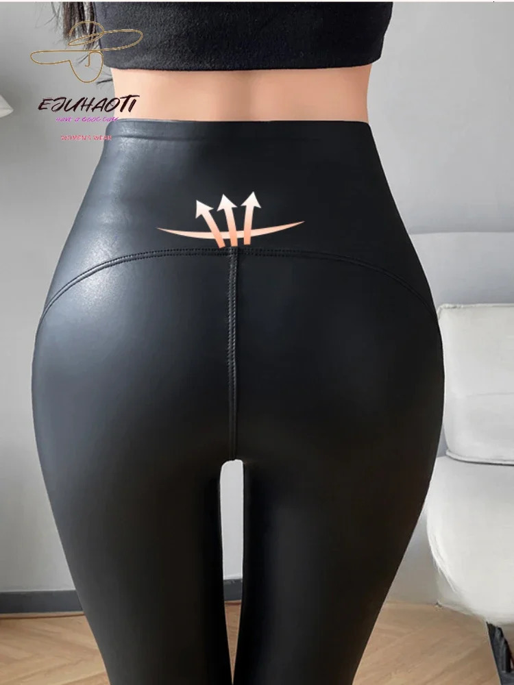 Women's Autumn Sexy Pu Leather Leggings Ladies Winter High Waist Trousers Girl Multicolour Tights Stretch Soft Thin Fleece Pants 231225
