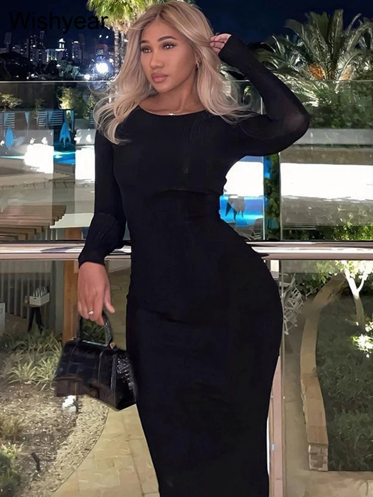 Elegant Solid Knitting Ribbed Evening Dresses For Women Clothes Long Sleeve O Neck Office Maxi Dress Club Female Birthday 231225
