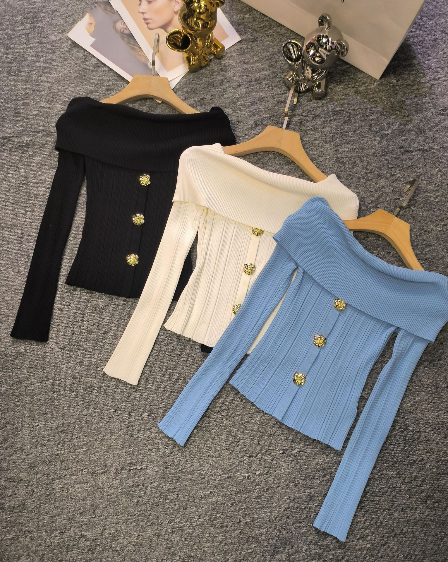 1225 L 2024 Runway Autumn Brand Same Style Sweater Long Sleeve Slash Neck Womens Clothes High Quality Wom