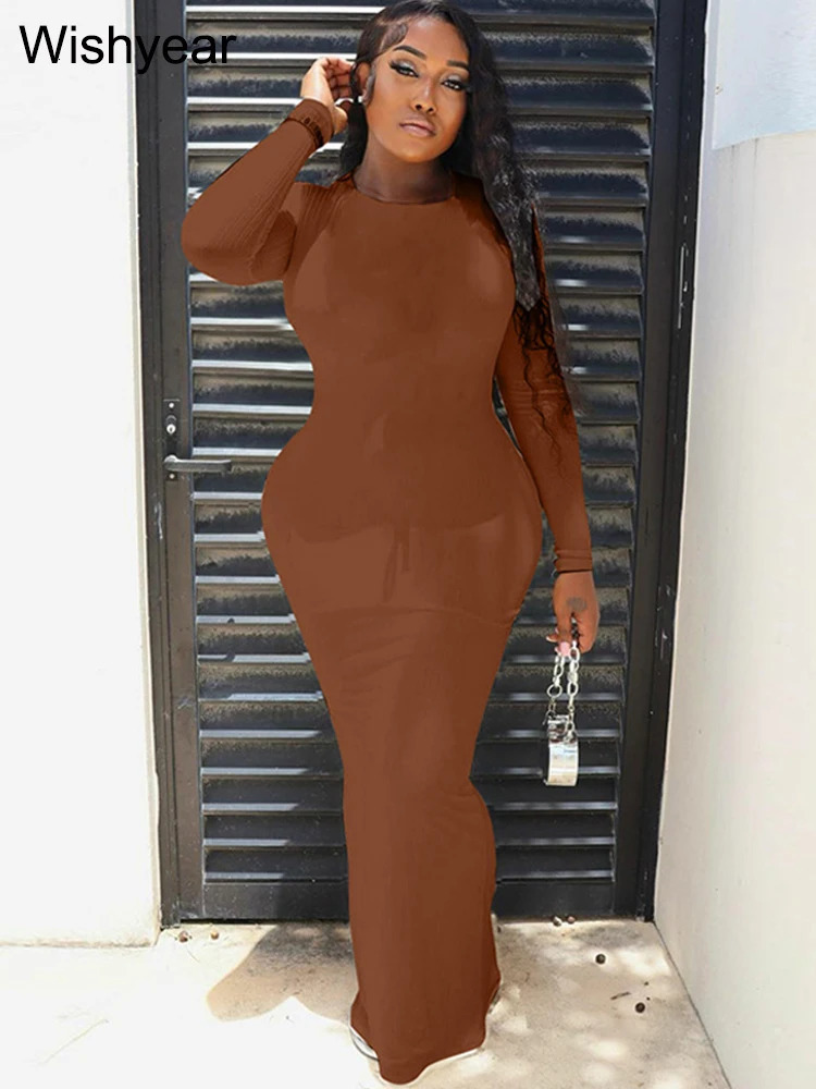 Elegant Solid Knitting Ribbed Evening Dresses For Women Clothes Long Sleeve O Neck Office Maxi Dress Club Female Birthday 231225