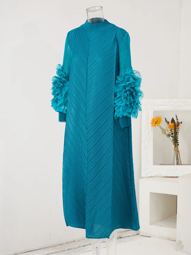 LANMREM Maxi Pleated Dress Round Neck Spliced Fungus Full Sleeve Dresses For Women Spring Clothing 2Qa1331 231222