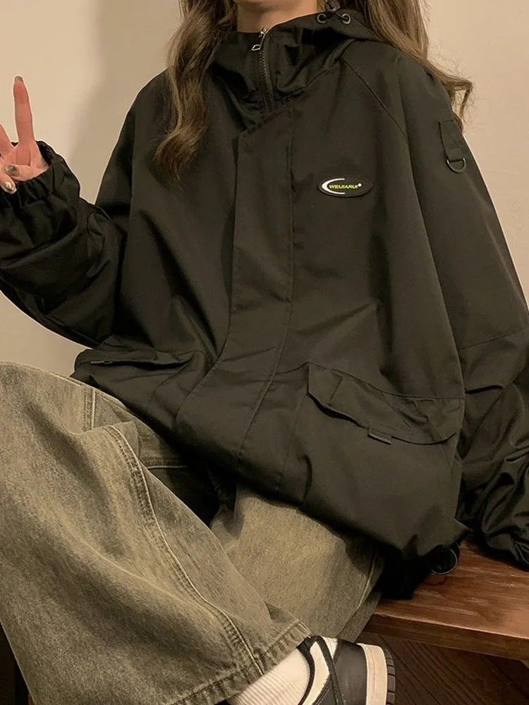 Oversized Hooded Jacket Women Vintage Loose Windbreaker Jackets Female Korean Stylish Harajuku Casual Zipper Coat Lady Jaqueta 231222