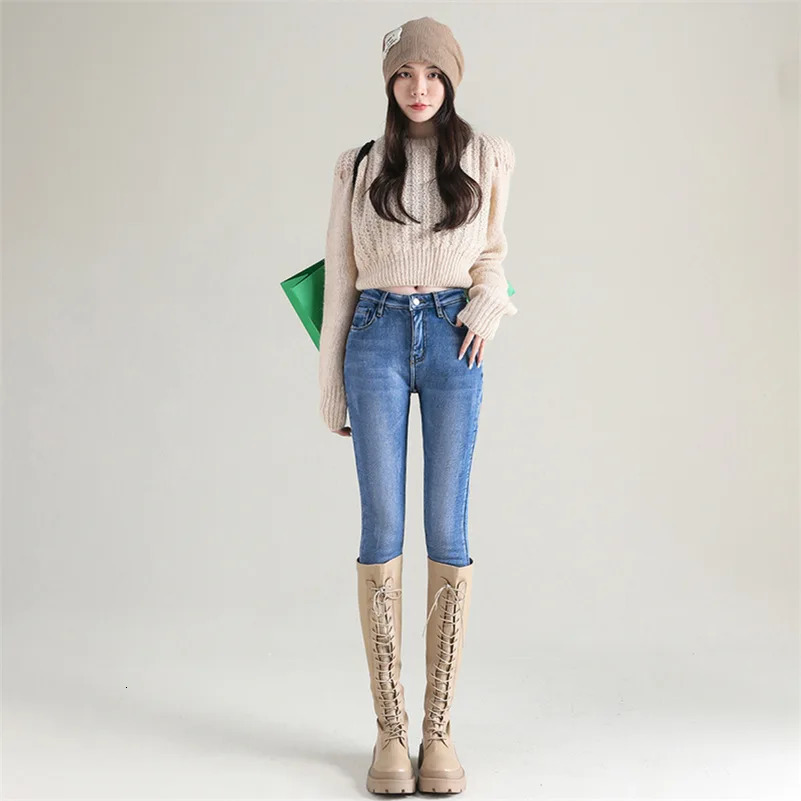 Winter Women Snow Warm Plush Stretch Pencil Pant Thermal Jeans Casual Skinny Thick Fleece Legging Female Retro Blue Trousers 231225