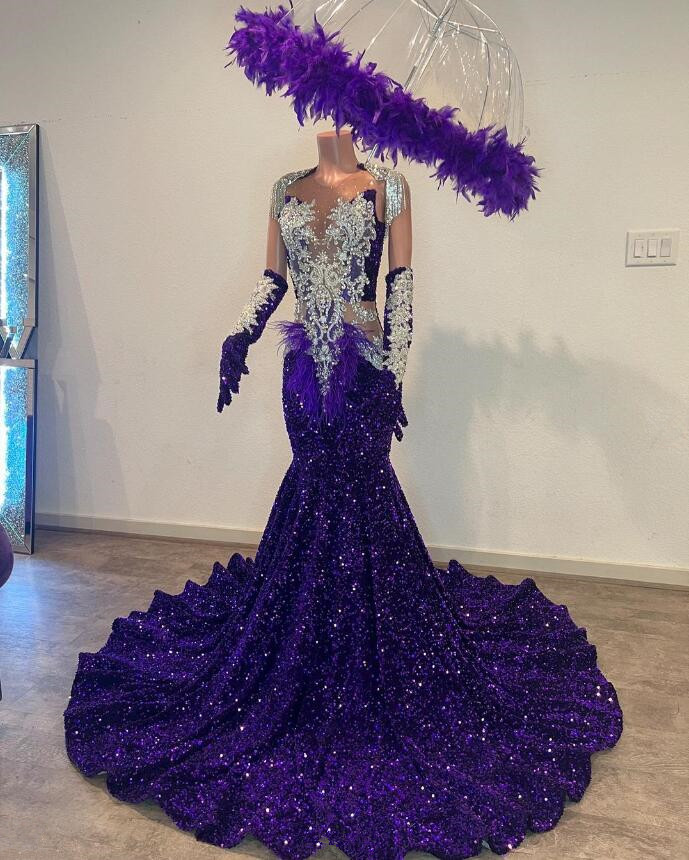 Grape Purple Mermaid Evening Celebrity Dress for Women Sparkly Diamond Velvet Birthday Prom Gown vestido de gala largo