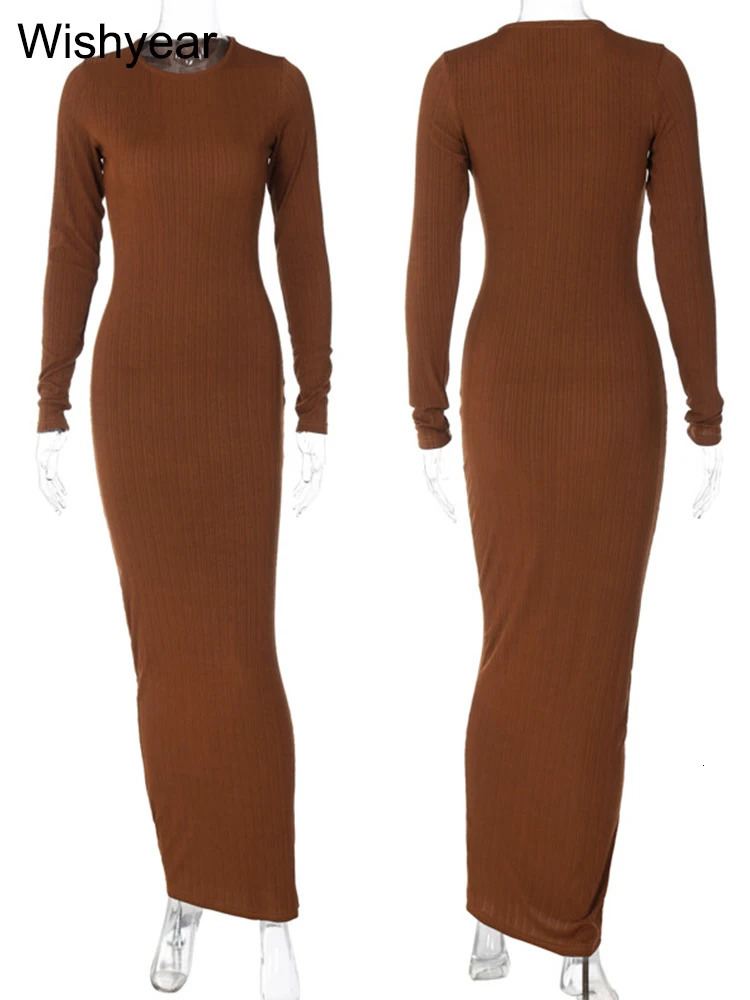 Elegant Solid Knitting Ribbed Evening Dresses For Women Clothes Long Sleeve O Neck Office Maxi Dress Club Female Birthday 231225