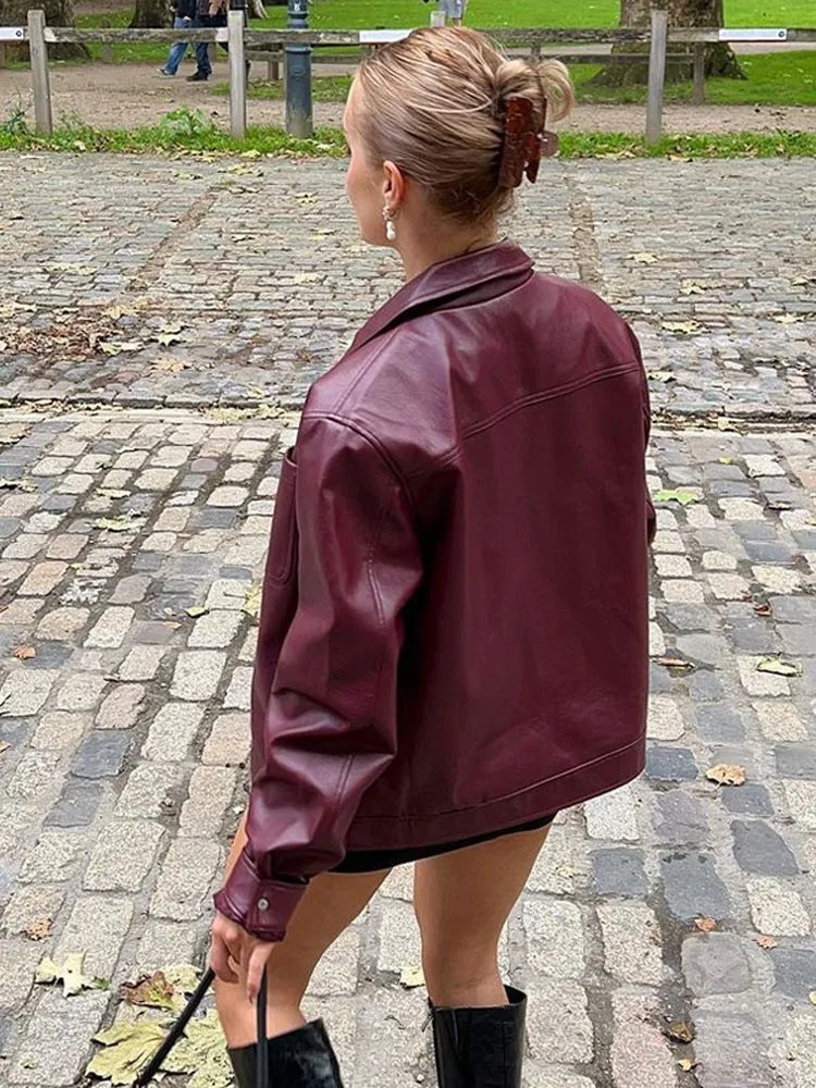Vintage Women Zipper PU Leather Jacket Coat Fashion Lapel Loose Long Sleeve Short Autumn Motorcycle Outwear 231222