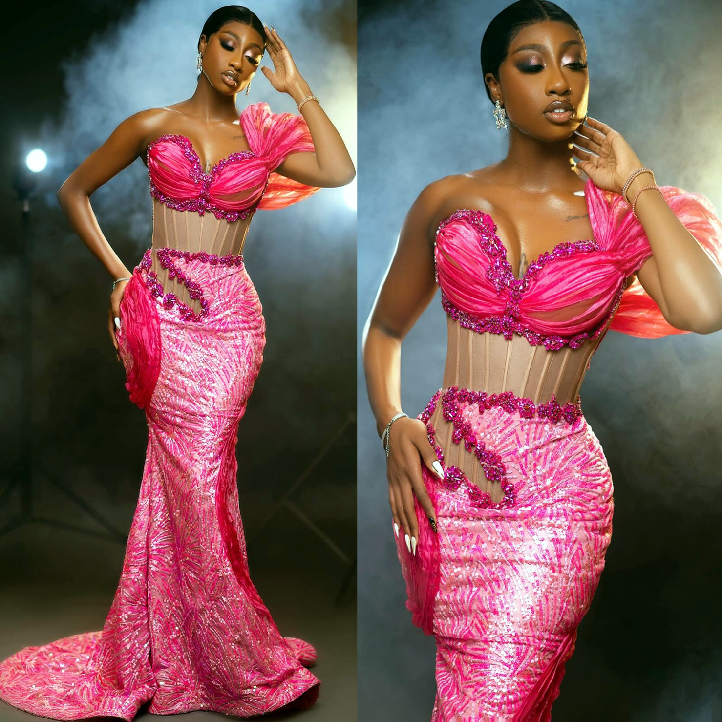 Aso Ebi Hot Pink Mermaid Prom Dress Beaded Crystals Sexy Evening Formal Party Second Reception Birthday Engagement Gowns Dresses Robe De Soiree ZJ Lz0