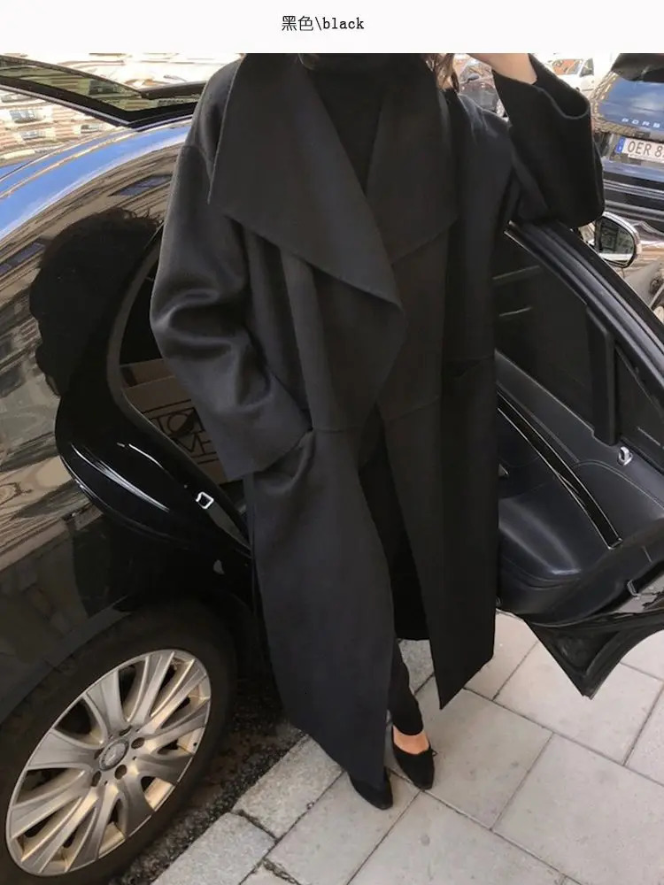 Women Woolen Long Coat Winter Side Slit Big Turn-down Collar Warm Jacket Camel Black Grey Color Mid-Length Outwear Tops 231225