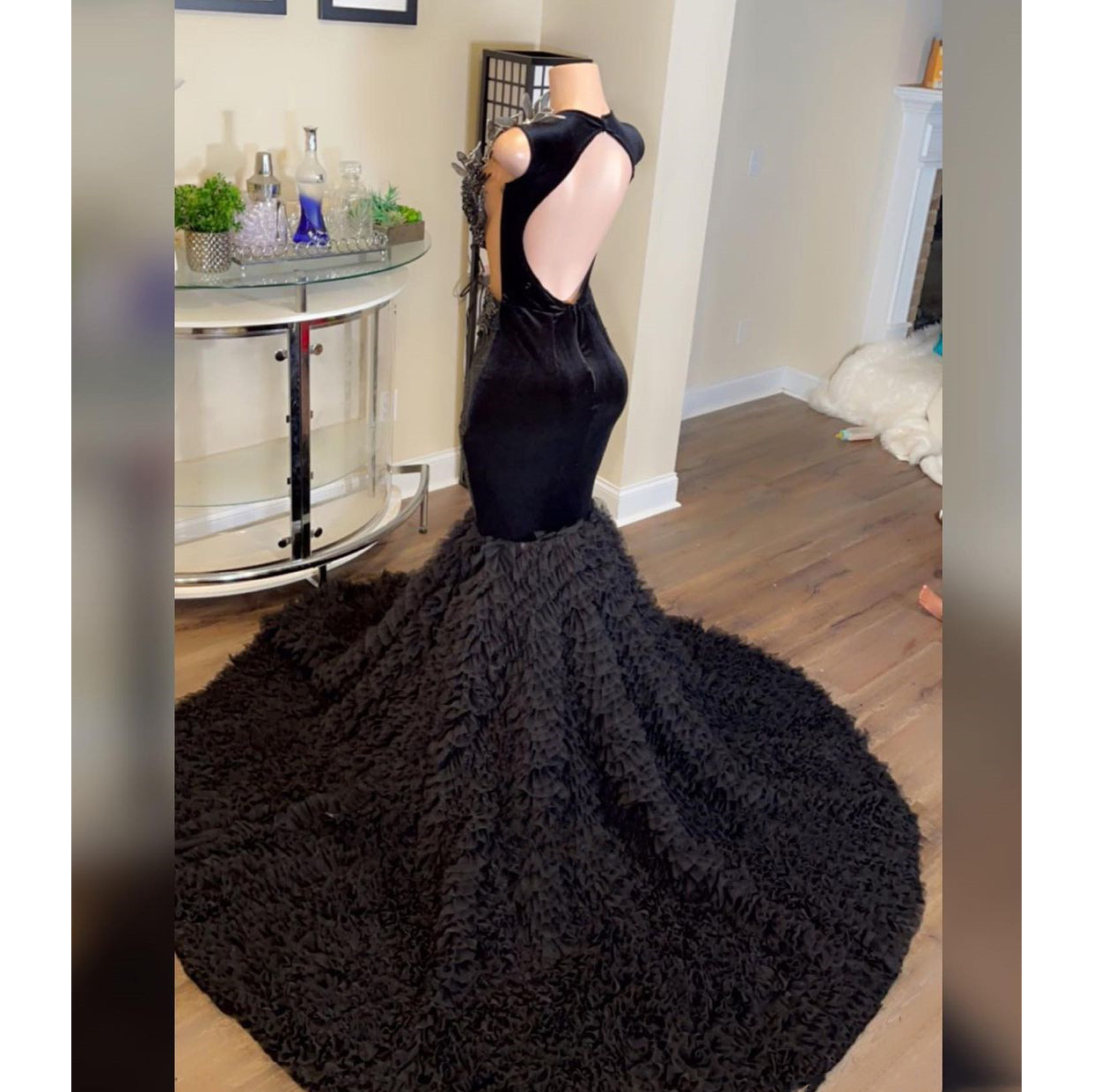 Long Black Mermaid Prom Dresses Beaded Diamond Ruffles Illusion Sexy Formal Party Evening Dress Graduation Gowns Vestidos De Novia 0521