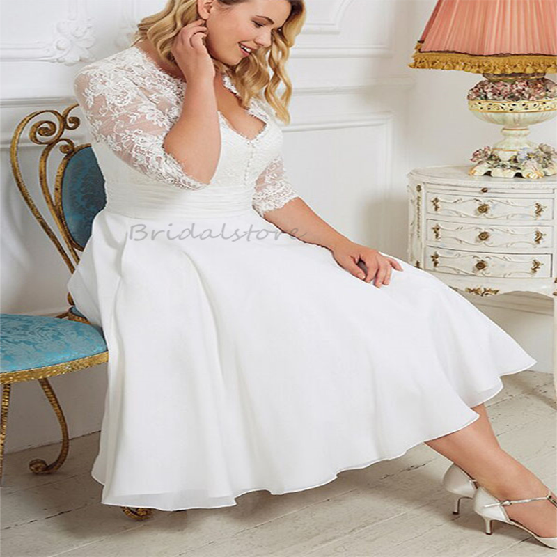 Plus Size Boho Wedding Dress 2024 Country Style V Neck Appliques Lace Bride Dress Tea Length Short Elegant Civil Beach Bridal Dress Vestios Novias Rob