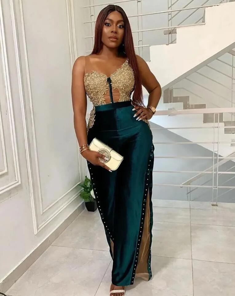 Velvet Evening Dresses Dark Green Prom Gown Party V-Neck Mermaid Trumpet Sleeveless Applique Beaded vestidos de gala