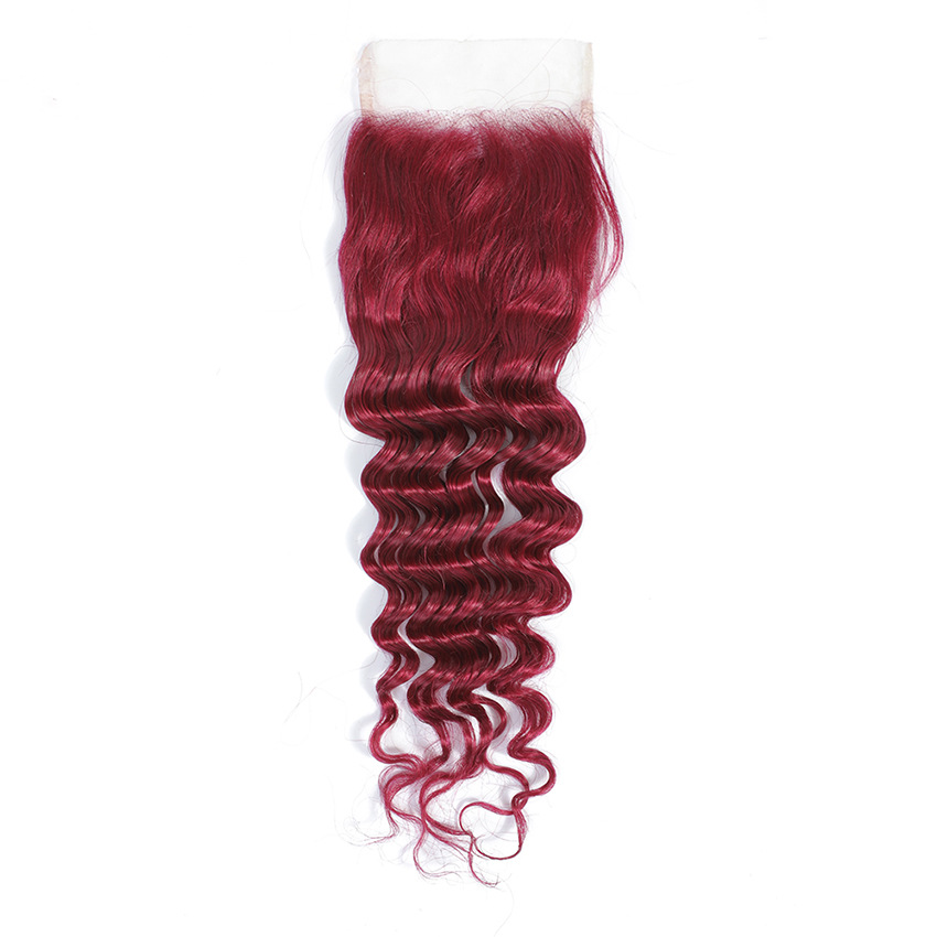 4X4 Lace Closure Free Part Peruvian 100% Human Hair Natural Color Deep Wave 1B/30 27# 99J 10-24inch