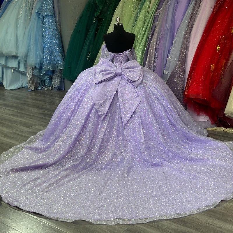 Lavender Shiny Quinceanera Dresses Sweetheart Princess Beads Crystal Bow Vestidos De 15 Anos Formal Birthday Party Ball Gown Sweet 16 Dress