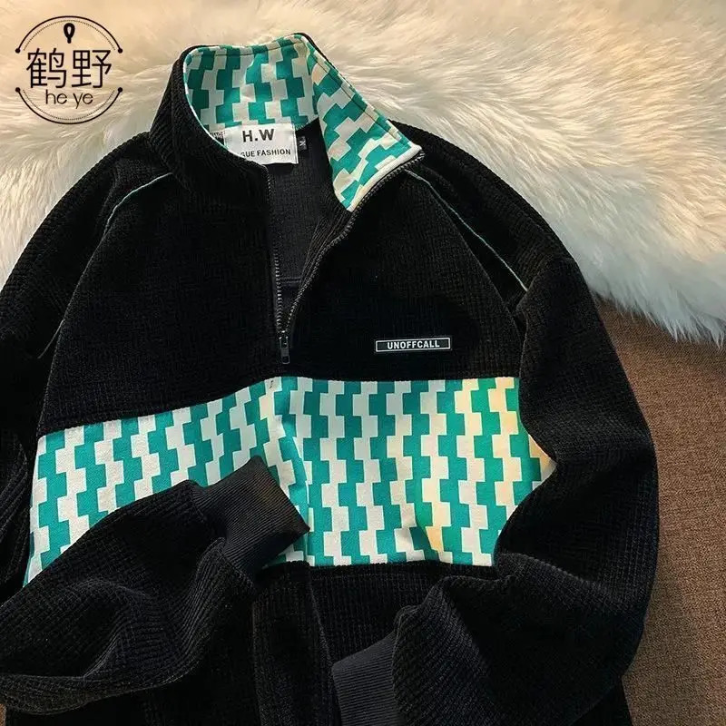 American Vintage Waffle Half Zip Polo Neck Sweater Men's and Women's Autumn Loose Fashion Versatile Checkerboard Top Clothing 231222Z