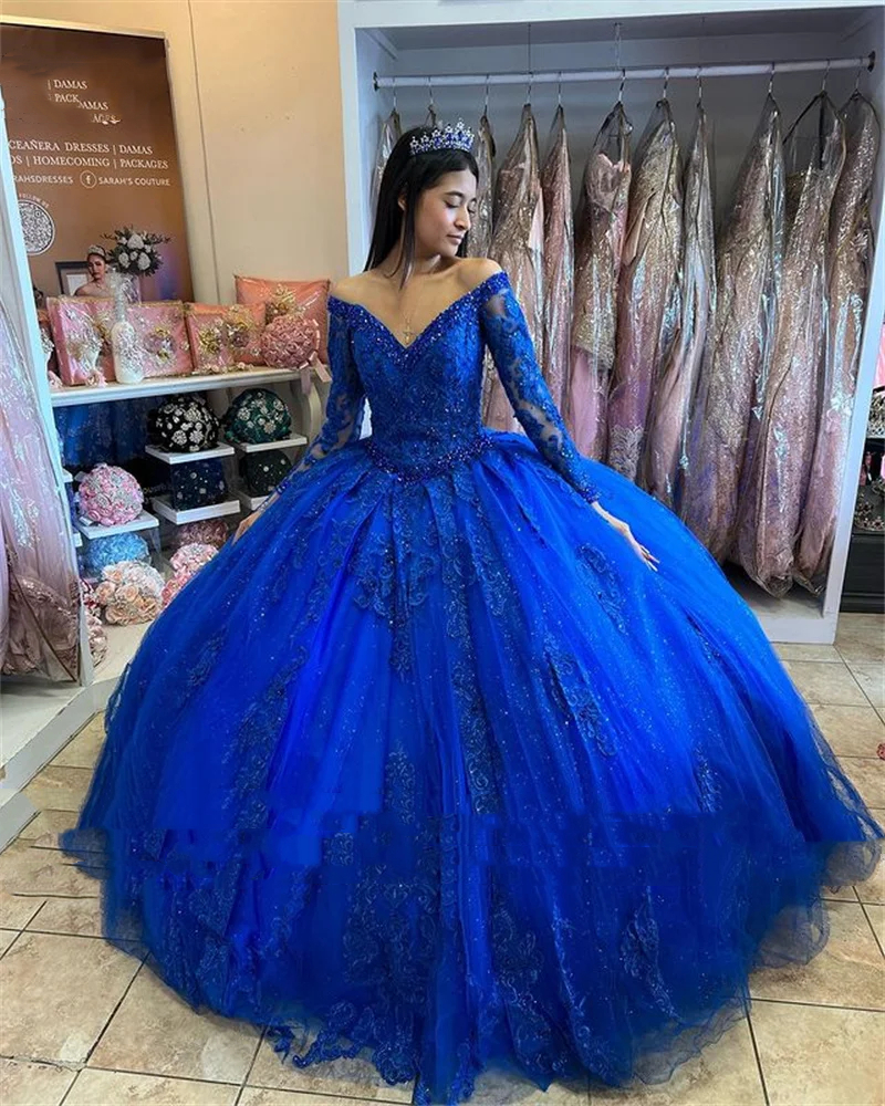 Royal Blue Princess Quinceanera Dresses Lace Appliques Long Sleeves Sweet 16 Dress Beaded V-Neck Off Shoulder Ball Gown Prom Celebrity Party Vestidos 