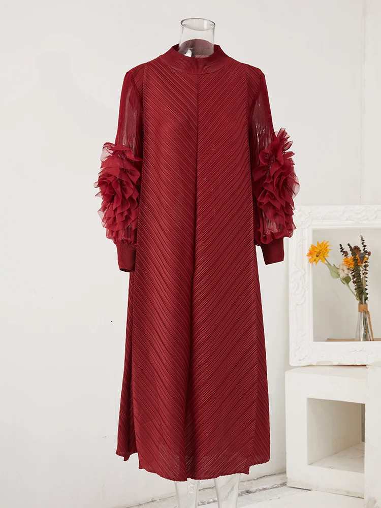 LANMREM Maxi Pleated Dress Round Neck Spliced Fungus Full Sleeve Dresses For Women Spring Clothing 2Qa1331 231222