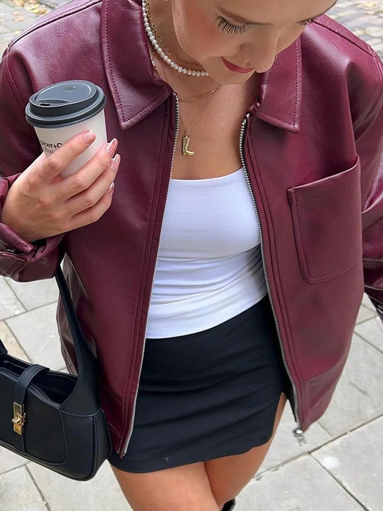 Vintage Women Zipper PU Leather Jacket Coat Fashion Lapel Loose Long Sleeve Short Autumn Motorcycle Outwear 231222