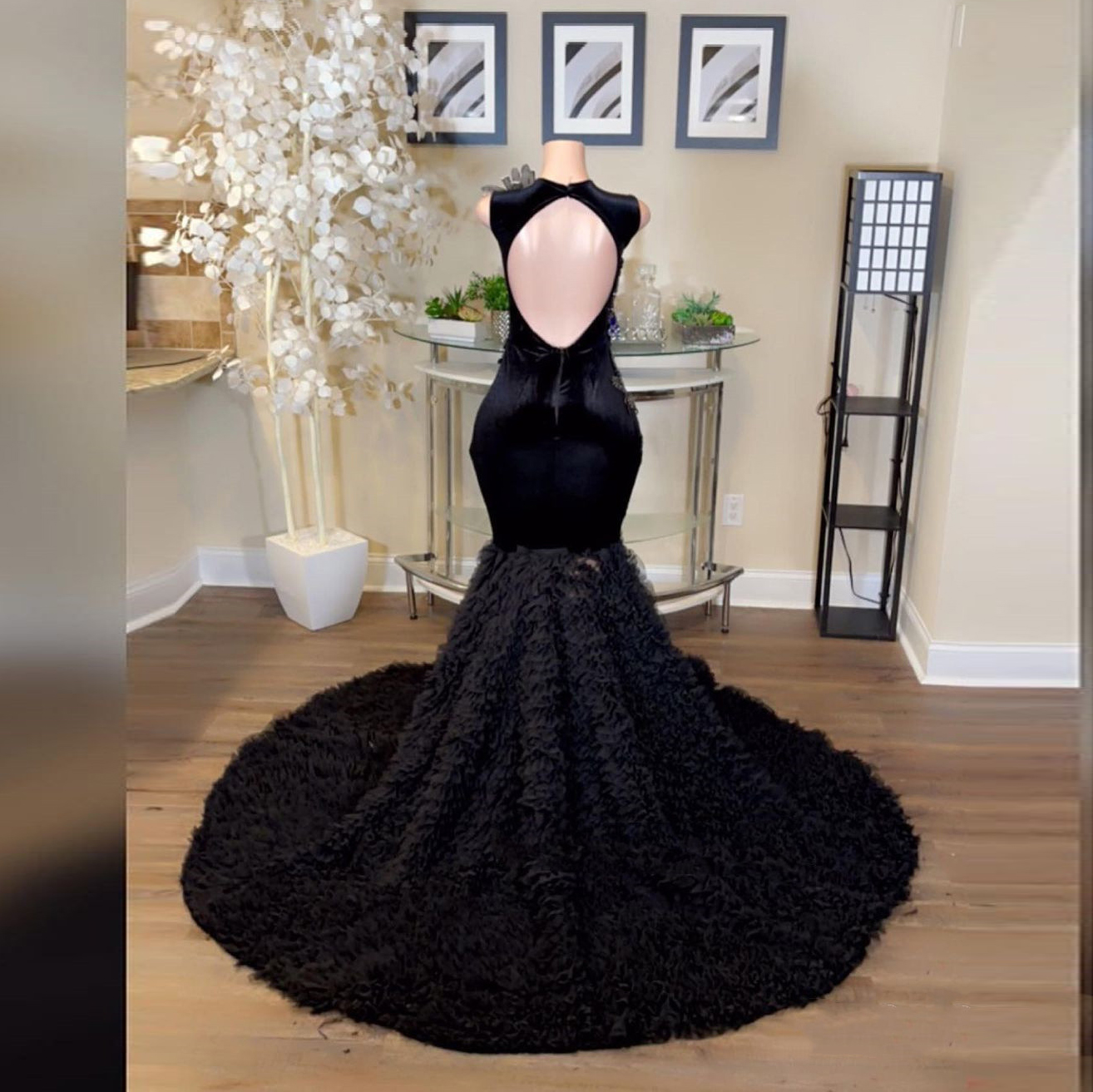 Long Black Mermaid Prom Dresses Beaded Diamond Ruffles Illusion Sexy Formal Party Evening Dress Graduation Gowns Vestidos De Novia 0521