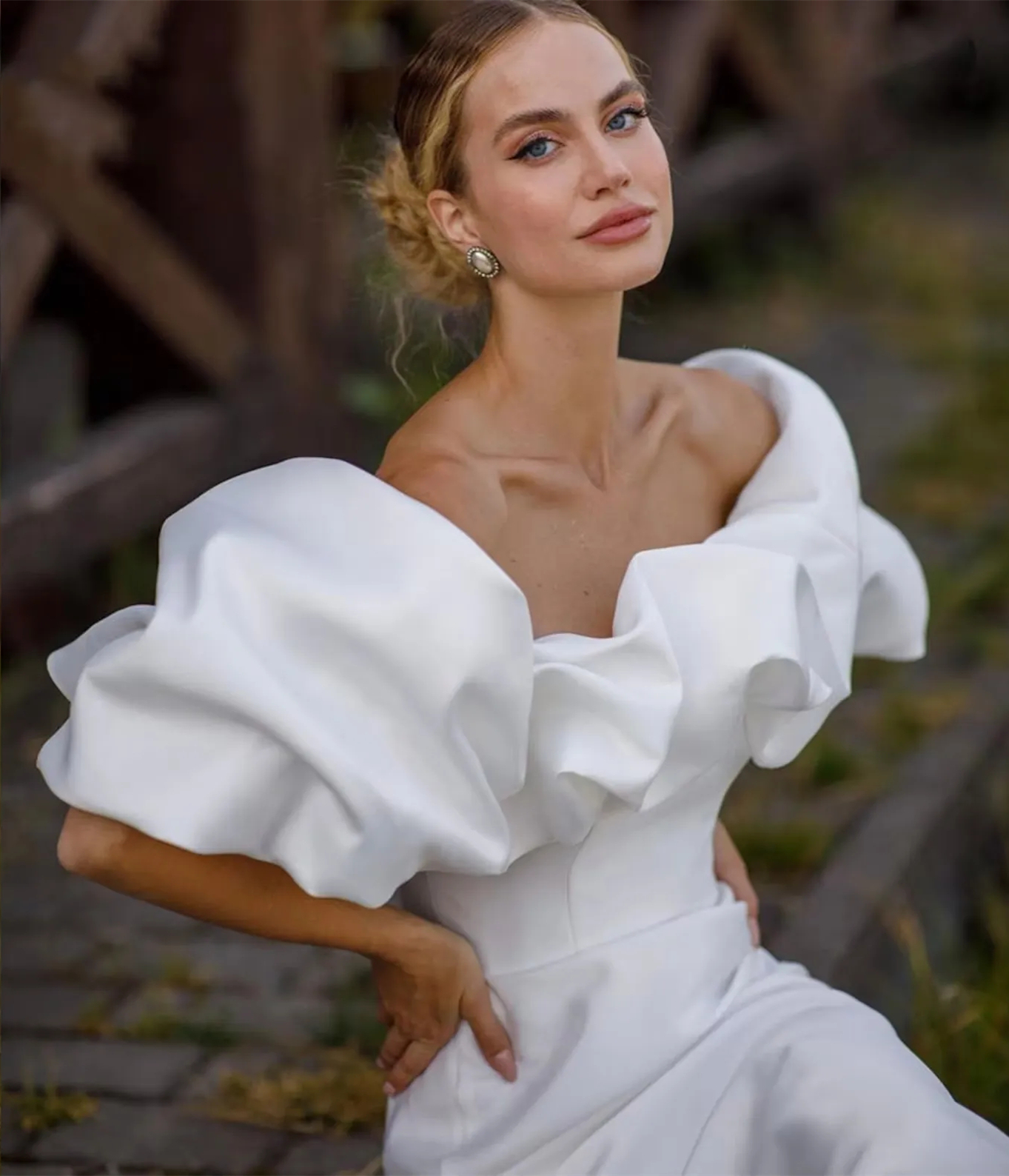 Puff Short Sleeves Mermaid Wedding Dress Off The Shoulder Long Satin Bridal Gown With Detachable Train Ruched Simple Ivory White Vestido De Novia