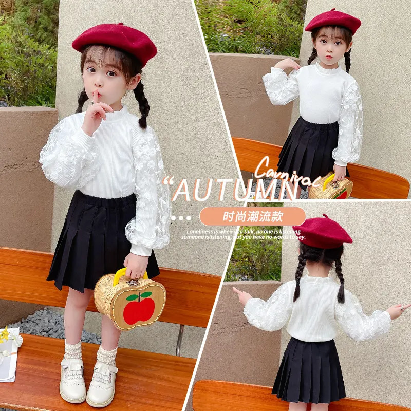 Toddler Baby Girls Clothes White Knit Pullovers Lace Puff Sleeve Bottoming shirt Coat Sweater Spring Autumn Kids Children's Wear 231225