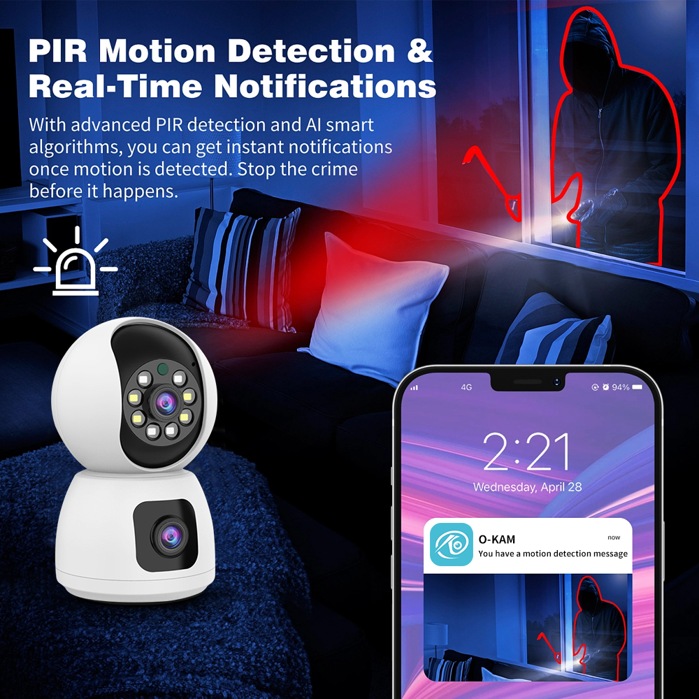 1080P HD WiFi Dual Lens Security Camera 360° Panoramic IR IP Cameras Night Vision Full Color Automatic Human Tracking 4X Digital Zoom Video Security M