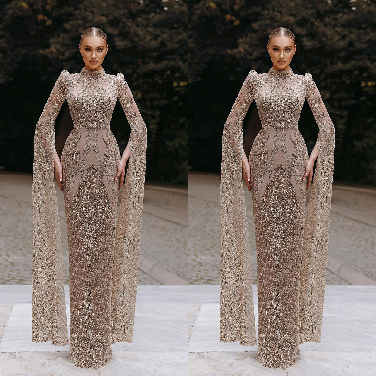 Sparkling Lace Mermaid Prom Dresses Elegant Hign Neck Evening Gowns Floor Length Beading Formal Dress