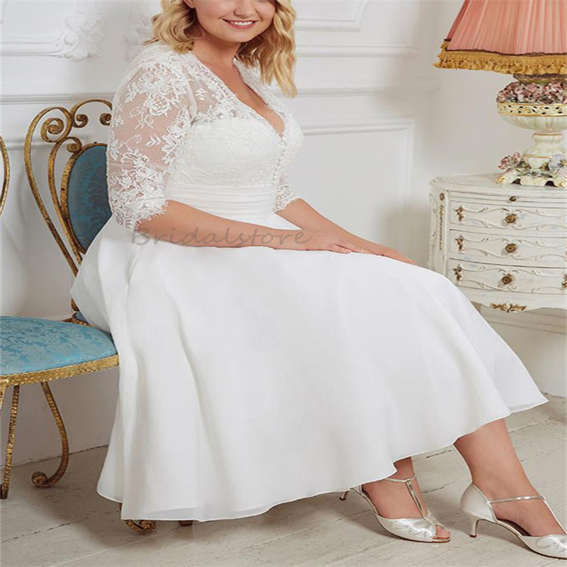 Plus Size Boho Wedding Dress 2024 Country Style V Neck Appliques Lace Bride Dress Tea Length Short Elegant Civil Beach Bridal Dress Vestios Novias Rob