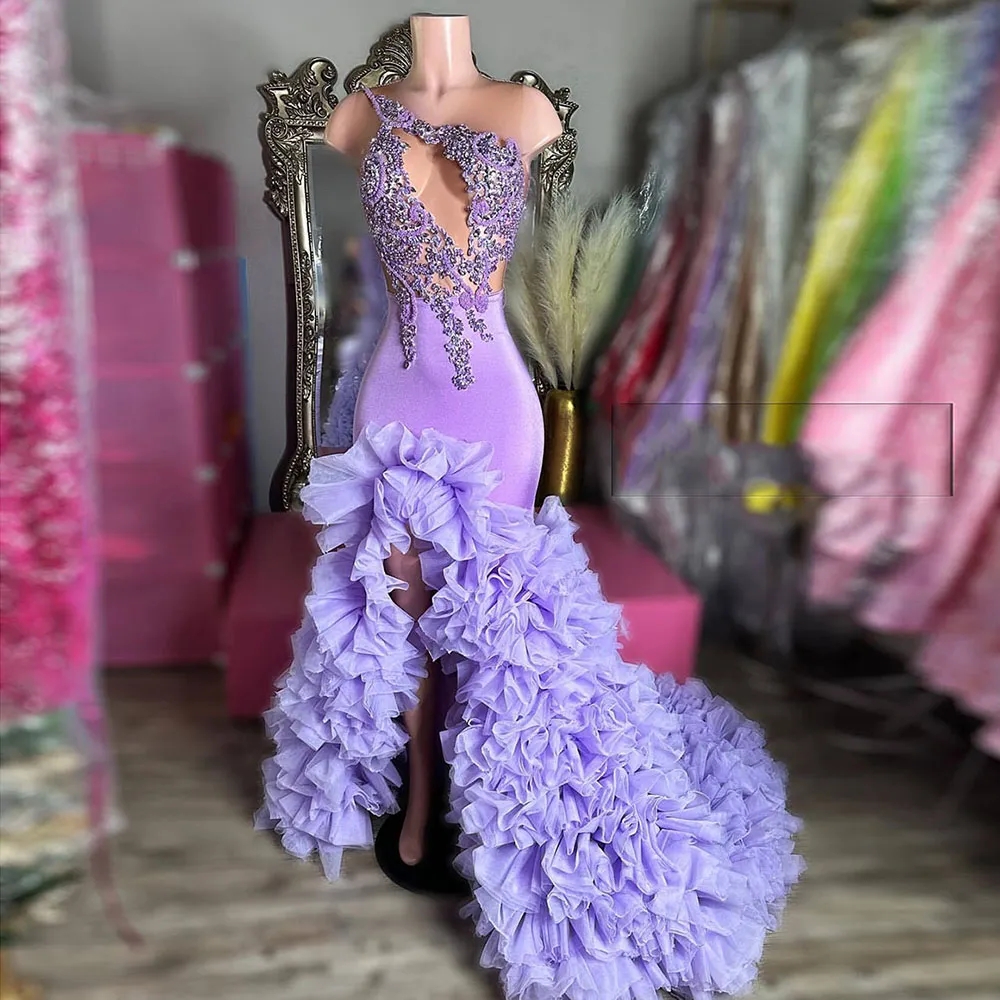 Sexy Lilac Mermaid Prom Dresses For Black Girls Slit Ruffles Train Beads Evening Gowns Long Veet Vestidos De Fiesta Party Dress