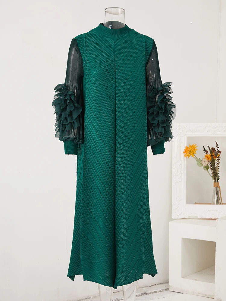 LANMREM Maxi Pleated Dress Round Neck Spliced Fungus Full Sleeve Dresses For Women Spring Clothing 2Qa1331 231222