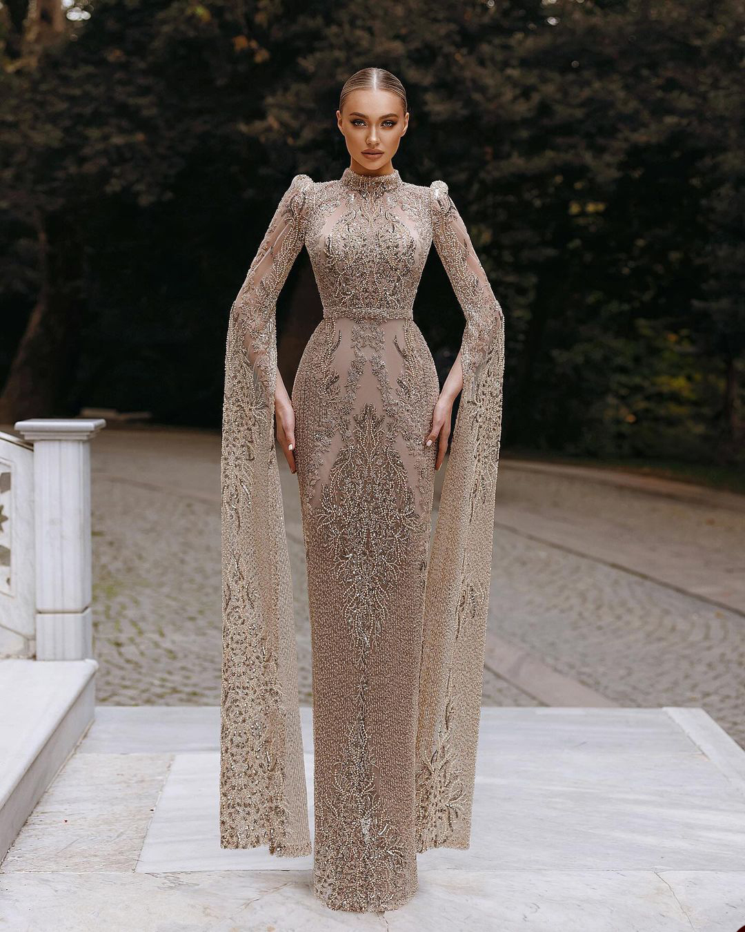 Sparkling Lace Mermaid Prom Dresses Elegant Hign Neck Evening Gowns Floor Length Beading Formal Dress