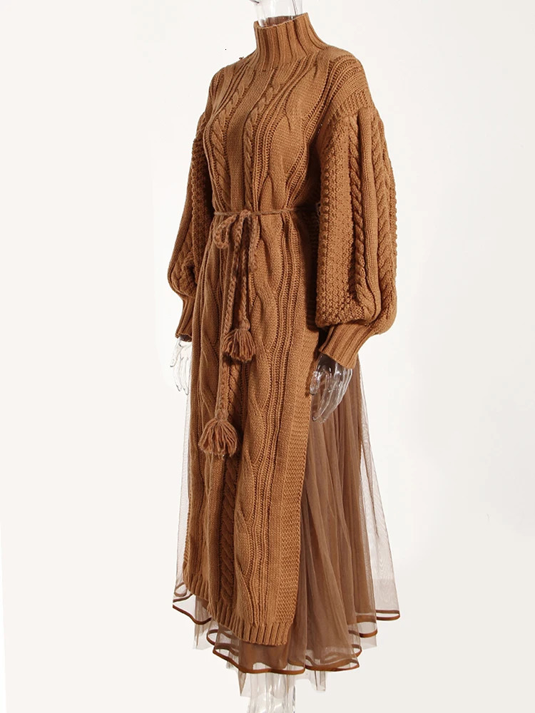 EAM Women khaki Knitting Mesh Big Size Dress Turtleneck Long Sleeve Loose Fit Fashion Spring Autumn 2024 1DH35 231225