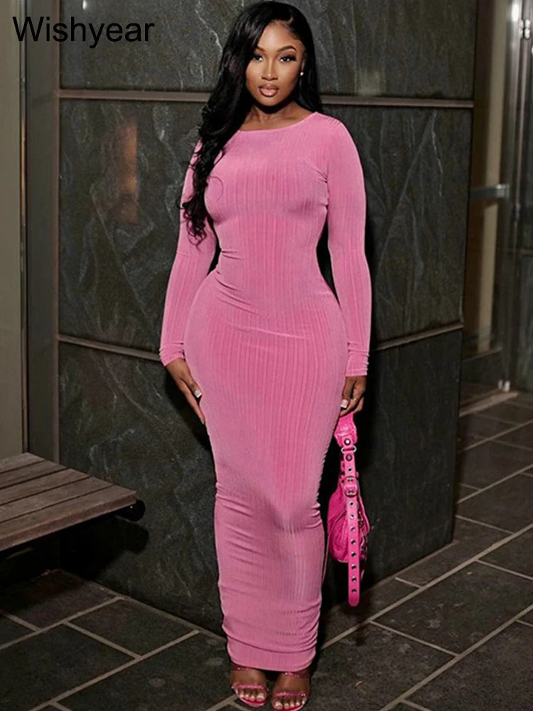 Elegant Solid Knitting Ribbed Evening Dresses For Women Clothes Long Sleeve O Neck Office Maxi Dress Club Female Birthday 231225