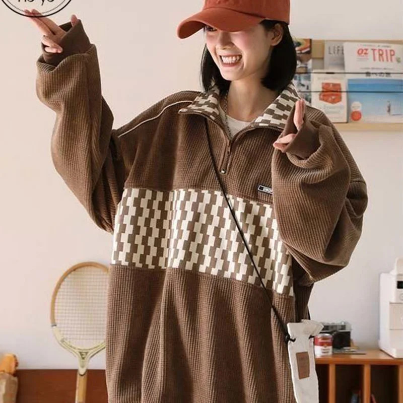 American Vintage Waffle Half Zip Polo Neck Sweater Men's and Women's Autumn Loose Fashion Versatile Checkerboard Top Clothing 231222Z