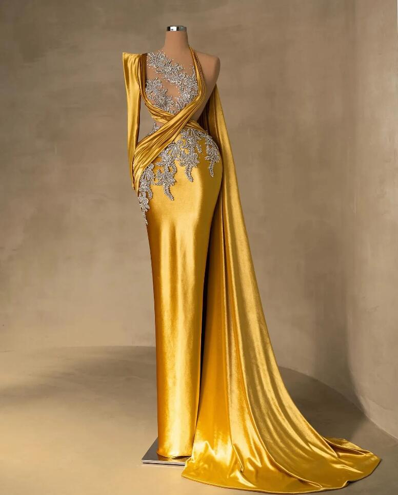 Gold Crystals Prom Dresses Aso Ebi Rhinestones Long Sleeve One Shoulder Pleated Sweep Train Satin Formal Evening Gowns