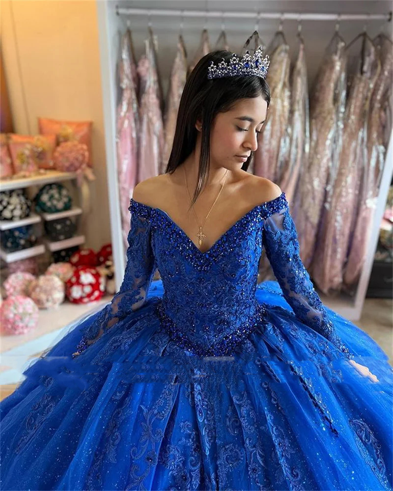 Royal Blue Princess Quinceanera Dresses Lace Appliques Long Sleeves Sweet 16 Dress Beaded V-Neck Off Shoulder Ball Gown Prom Celebrity Party Vestidos 